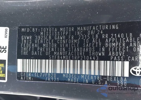 2024 Toyota Corolla Le z USA, uszkodzony, nr VIN 5YFB4MDE1RP210443